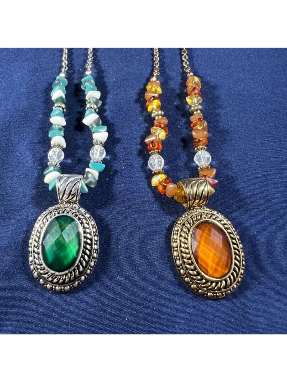 Vintage-Style Beaded Necklaces With Faceted Green & Orange Gemstone Pendants Sil - Picture 2 of 5